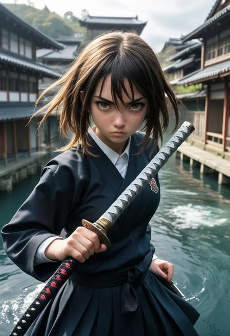 1girl,medium breasts, school uniform,
weapon, holding sword, battoujutsu, battoujutsu stance, ready to draw, sheathed, unsheathing, scabbard, fighting stance,
from above, fisheye lens, looking down, water eye, workplace, closed mouth,
masterpiece, best quality, very aesthetic, absurdres