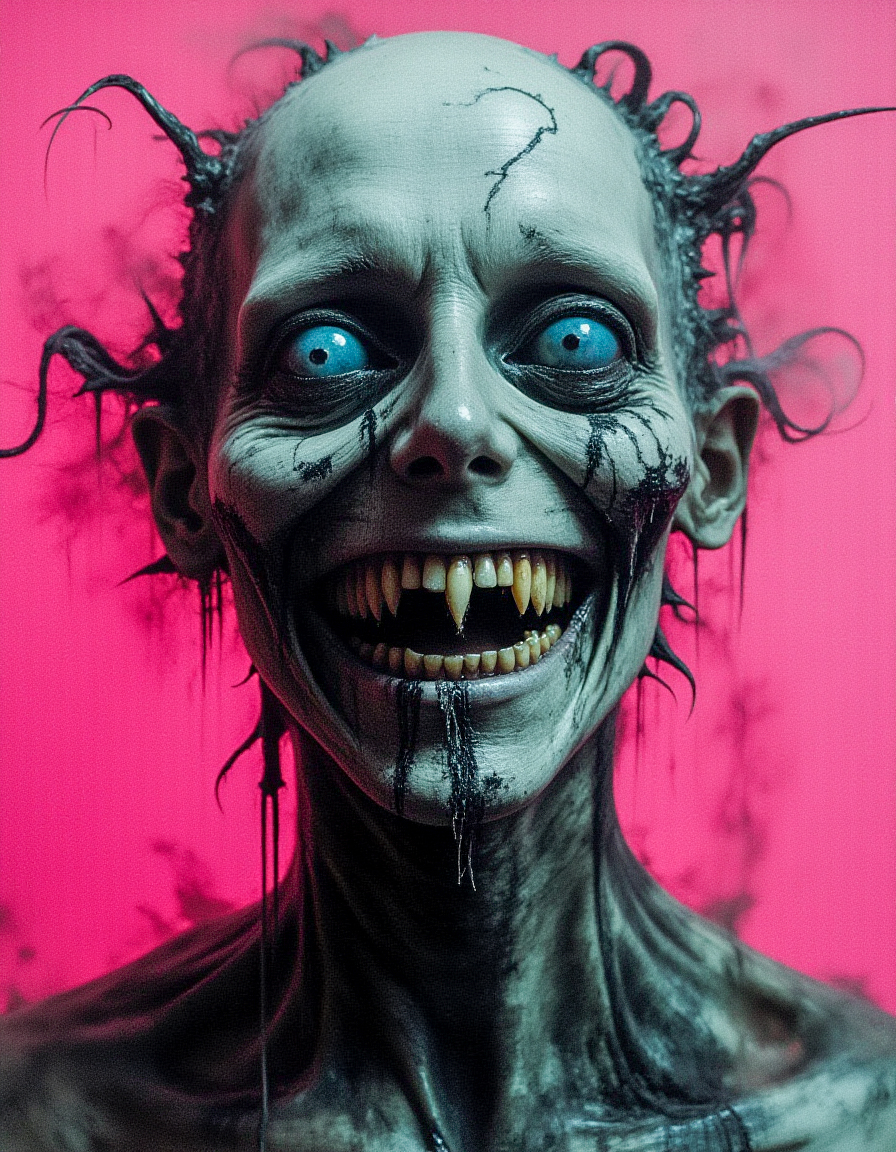 Analog photo, eerie and haunting extreme face close-up ofa vampire with a weathered, menacing, surreal appearance, with an unnerving smile with missing teeth, striking eyes, and grotesque features. The vampire has one gold-colored tooth and wears the remains of a tattered tunic with sci-fi elements. The eyes are shaded, sad and pained, with a contagious sorrow accentuating the intense, unsettling gaze. The macabre photograph is hyper-detailed, taken on an older analog camera, featuring a vibrant neon fluorescent monochromatic gradient background in bleached tones, combined with gray and white color grading for a dramatic effect. Reticulating Noise Gradient, noisy, grain-shaded gradient, vibrant neon fluorescent hues, grainy, pixelated texture, filter-enhanced, stylized image, monochromatic color scheme, neon fluorescent theme, Poster art, print, occult, dark, horror, dark fantasy, ethereal,
<lora:Dark_Art-v1.14:1> Dark Art