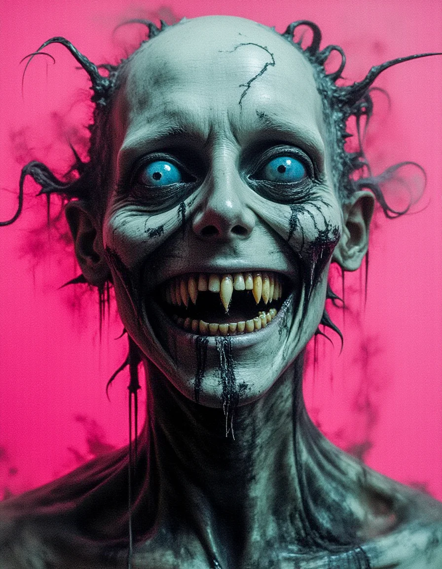 Analog photo, eerie and haunting extreme face close-up ofa vampire with a weathered, menacing, surreal appearance, with an unnerving smile with missing teeth, striking eyes, and grotesque features. The vampire has one gold-colored tooth and wears the remains of a tattered tunic with sci-fi elements. The eyes are shaded, sad and pained, with a contagious sorrow accentuating the intense, unsettling gaze. The macabre photograph is hyper-detailed, taken on an older analog camera, featuring a vibrant neon fluorescent monochromatic gradient background in bleached tones, combined with gray and white color grading for a dramatic effect. Reticulating Noise Gradient, noisy, grain-shaded gradient, vibrant neon fluorescent hues, grainy, pixelated texture, filter-enhanced, stylized image, monochromatic color scheme, neon fluorescent theme, Poster art, print, occult, dark, horror, dark fantasy, ethereal,
<lora:Dark_Art-v1.14:1> Dark Art