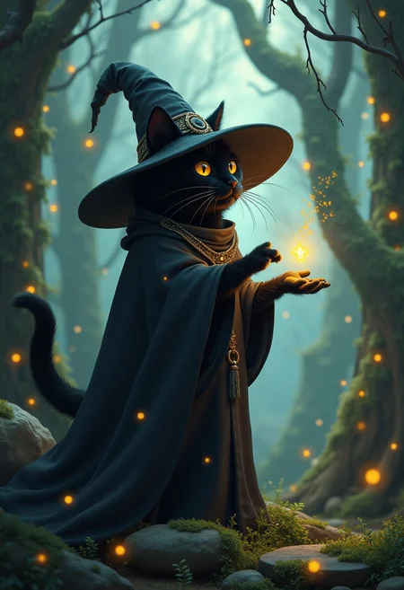 A bipedal black cat wearing a huge oversized witch hat, a wizards robe, casting a spell,in an enchanted forest. The scene is filled with fireflies and moss on surrounding rocks and trees,in the style of ck-ncr,