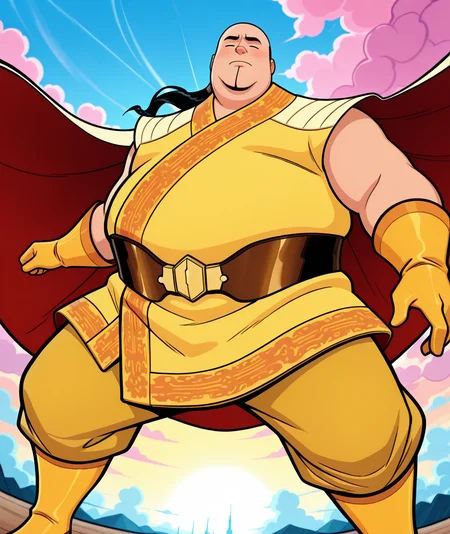 japanese clothes, cape_kimono, large_belt, high_belt, yellow latex_gloves, baggy pants, yellow boots, <lora:bigbang-000009:1> sdv-bigbang, 1boy, male focus, chubby, bald, long ponytail, black hair, =_=,
, flaying, cloud, esencey, hero,
masterpiece, colorful, vibrant, uhd, hdr, luminous lighting, amazing quality, highress, very aesthetic, dramatic angle, dynamic angle, dynamic pose, detailed background,