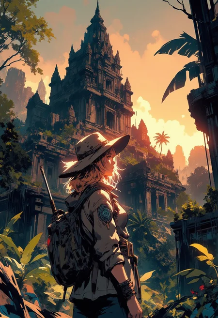 Mh1$AgThS2, intricate linework with expressive contrasts, soft lighting with dynamic highlights, image of a lost city overgrown by dense tropical jungle, with a female explorer, blonde hair, safari hat and jacket, standing looking up at an ancient damaged temple, silhouetted at sunset, sparse clouds, In the style of ff-td