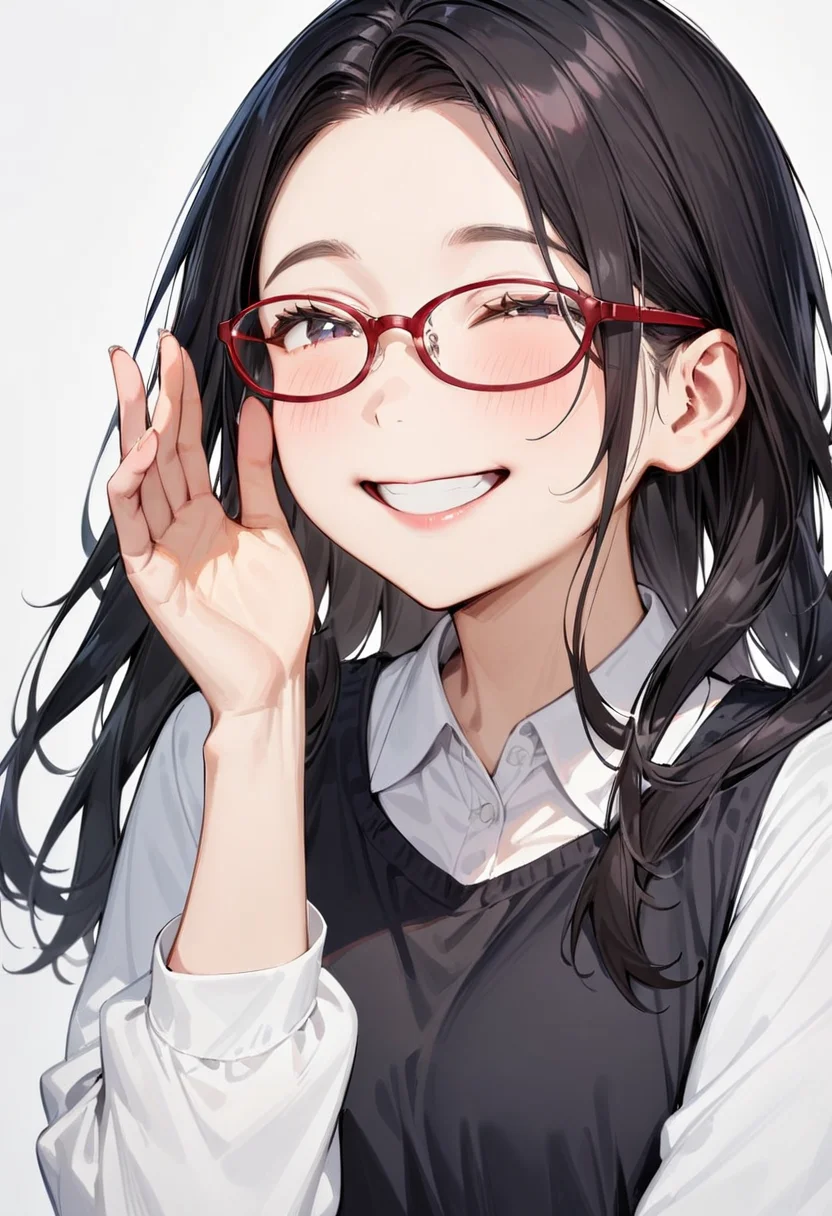 masterpiece, best quality, very aesthetic, absurdres,
1girl, solo, black hair, long hair,
oval_cell, glasses, red-framed eyewear,
collared shirt, happy, smile, looking at another, adjusting eyewear, white background, simple background,
<lora:oval_glasses_cell-frame2_SDXL_V1:0.8>