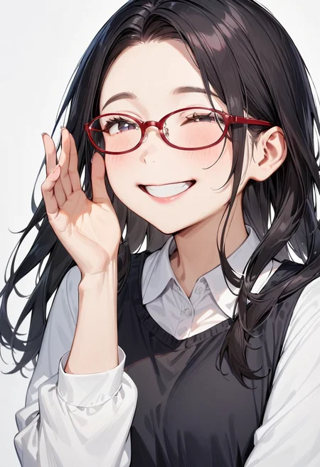 masterpiece, best quality, very aesthetic, absurdres,
1girl, solo, black hair, long hair,
oval_cell, glasses, red-framed eyewear,
collared shirt, happy, smile, looking at another, adjusting eyewear, white background, simple background,
<lora:oval_glasses_cell-frame2_SDXL_V1:0.8>