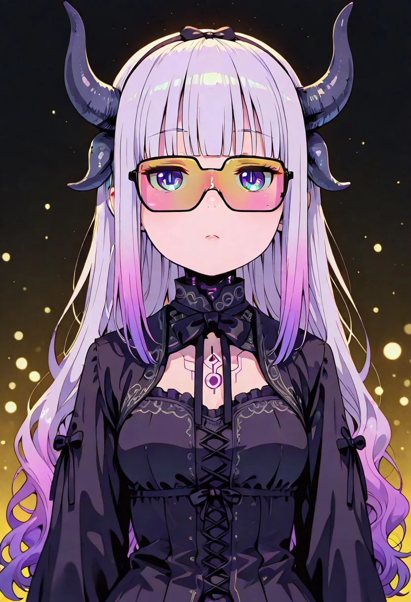 <lora:ck-shadow-circuit-IL:0.78>,
masterpiece, best quality, good quality, very aesthetic, absurdres, newest, 8K, depth of field, focused subject,
 stylized, in gold and neon shades, wabi sabi, 
1girl, kanna kamui, kobayashi-san chi no maidragon, blue eyes, purple hair, gradient hair, long hair,
 small breasts, 
looking at viewer, relaxing
<lora:MoriiMee_Gothic_Niji_Style_Illustrious_r1:0.45>
<lora:ck-nc-cyberpunk-IL-000011:0.4>
<lora:ck-neon-retrowave-IL:0.8>