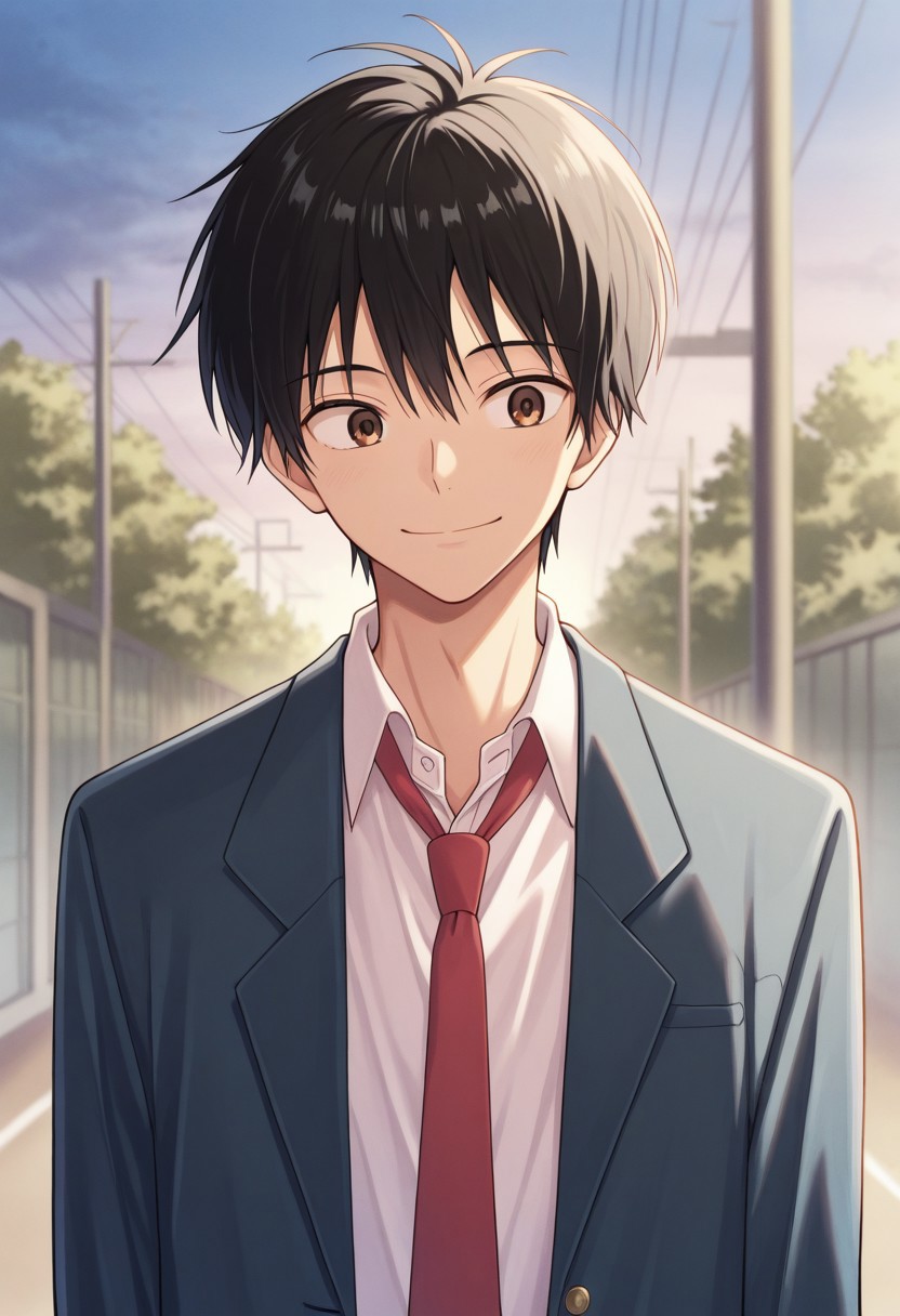 masterpiece,best quality,amazing quality, source_anime, 
kazahaya, 1boy, male focus, solo, brown eyes, black hair, school uniform, shirt, white shirt, collared shirt, necktie, red necktie, jacket, blazer, blue jacket, open jacket,
smile, outdoor,
