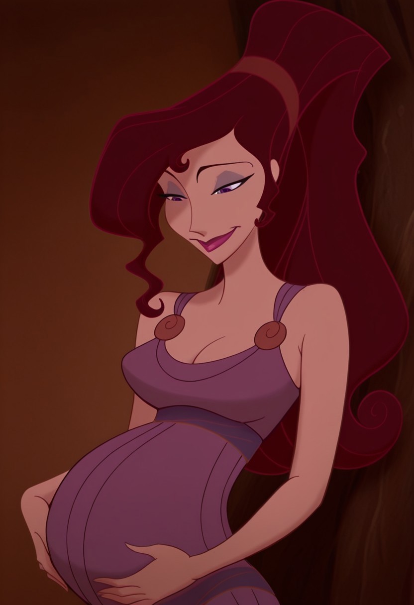 1girl, masterpiece, best quality, amazing quality, absurdres, <lora:Megara__Illustrious:1> m3g4r4, megara (hercules disney), long hair, tied hair, brown hair, purple eyes, purple Greek dress, cleavage, sexy makeup, lipstick, pregnant, motherly, maternal, smiling, looking down at her tummy,