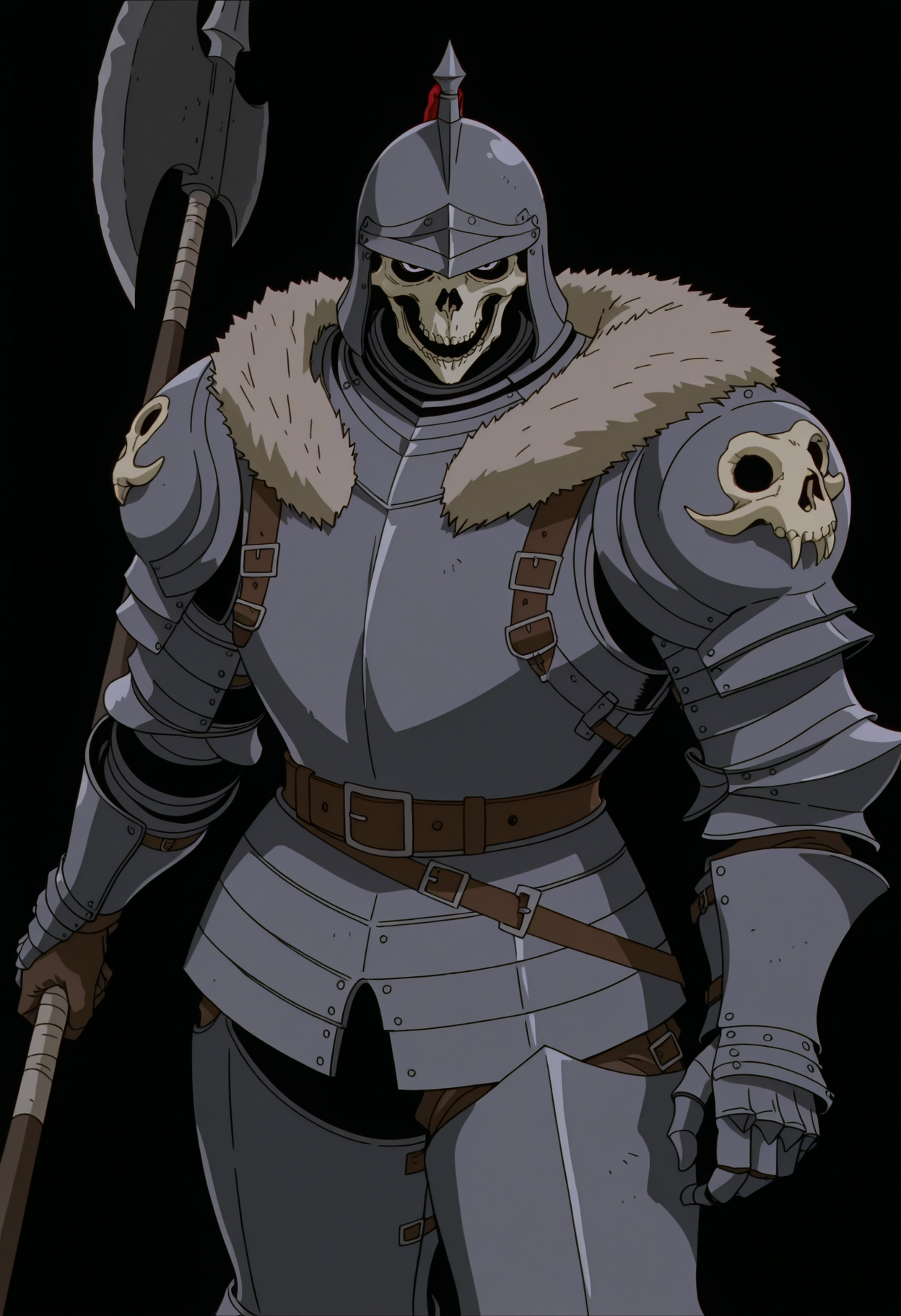 <lora:BerserkILLUSTRIOUS:1> berserk,
armor, weapon, holding, shoulder armor, holding weapon, pauldrons, gauntlets, solo, 1boy, fur trim, looking at viewer, polearm, simple background, full armor, male focus, standing, holding polearm, axe, black background, belt, helmet, skull