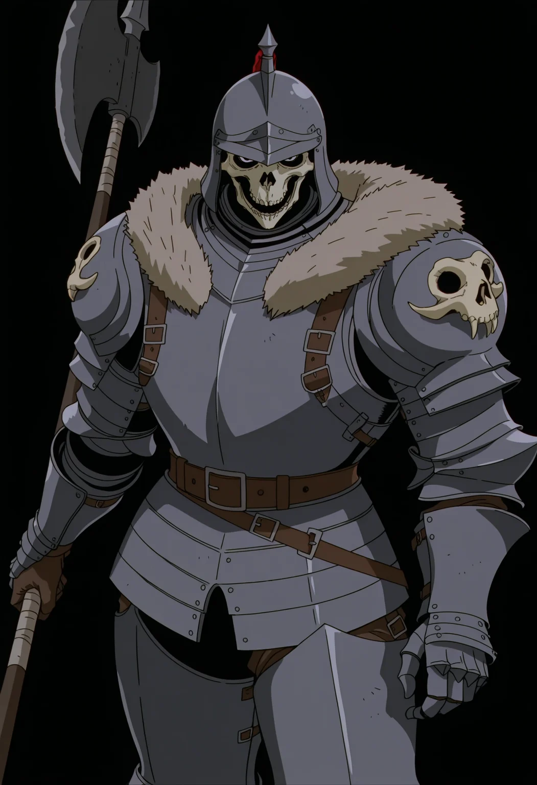 <lora:BerserkILLUSTRIOUS:1> berserk,
armor, weapon, holding, shoulder armor, holding weapon, pauldrons, gauntlets, solo, 1boy, fur trim, looking at viewer, polearm, simple background, full armor, male focus, standing, holding polearm, axe, black background, belt, helmet, skull