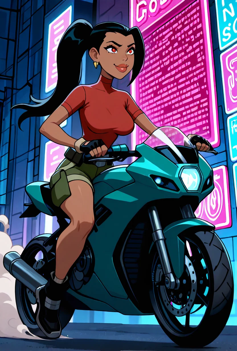 <lora:ovkai-10:1> ovkai, 1girl, long hair, black hair, dark skin, ponytail, earrings, big lips, red shirt, short sleeves, turtleneck, green cargo shorts, fingerless gloves, ((cartoon, screencap)), dynamic pose, expressive, amazing quality, best quality, facial expression , smile, badass, riding motorcycle, side view, smoke, from bottom, futuristic bike, outdoors, cyberpunk city, neon signs, neon garage, bike pose, background blur, foreground blur, action scene, masterpiece, best quality, amazing quality, very aesthetic, absurdres, newest,