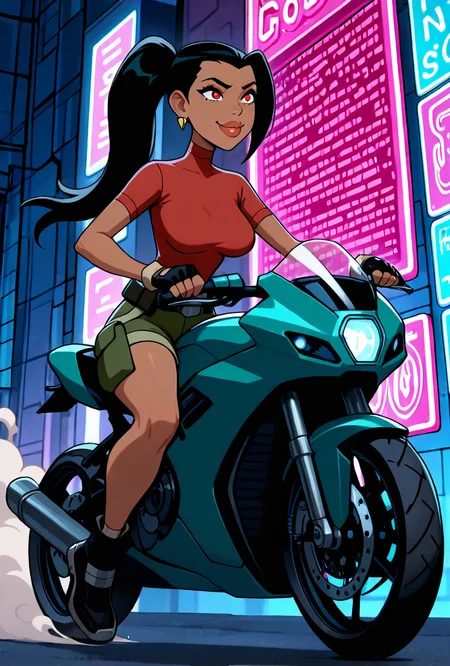 <lora:ovkai-10:1> ovkai, 1girl, long hair, black hair, dark skin, ponytail, earrings, big lips, red shirt, short sleeves, turtleneck, green cargo shorts, fingerless gloves, ((cartoon, screencap)), dynamic pose, expressive, amazing quality, best quality, facial expression , smile, badass, riding motorcycle, side view, smoke, from bottom, futuristic bike, outdoors, cyberpunk city, neon signs, neon garage, bike pose, background blur, foreground blur, action scene, masterpiece, best quality, amazing quality, very aesthetic, absurdres, newest,