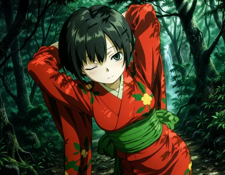 (1girl, solo:1.3), (2girls, 3girls, 4girls, multiple girls, 2boys, 3boys, 4boys, multiple boys:-1.5) <lora:Ioroi_Renzu_Mushi-shi_Illustrious:0.9>, ioroi_renzu, medium breasts, grey eyes, green eyes, black hair, short hair, bob cut, bangs, hair between eyes, japanese clothes, kimono, red kimono, obi, green obi, sandals shy, one eye closed, general, contrapposto, dynamic pose, arms behind head, portrait, from behind, pov, dutch angle, outdoors, forest, japanese forest, japanese shrine, (torii:-1.0), ancient forest, dense foliage, mossy trees, mist, eerie silence, no people, overgrown, primeval, twilight lighting, mystical, waterfall, A vast, untouched forest frozen in time, where ancient, towering trees with thick, moss-covered trunks rise from a ground layered with centuries of decaying leaves and soft green undergrowth. Twisted roots snake across damp soil, and the air hangs heavy with mist and silence. Shafts of pale light struggle to pierce the dense canopy, casting a faint glow on the shadowy floor below. Ferns and strange fungi thrive in the perpetual twilight, and no sign of human presence disturbs the eerie stillness. The atmosphere feels sacred, as if the forest itself is watching. A green forest with tall trees and dense foliage, an abstract depiction of a tranquil forest scene, where the towering trees create a serene, mystical atmosphere. The forest floor is covered with rich greenery, and the soft natural light filters gently through the leaves, subtly illuminating the scene without overpowering the natural beauty of the surroundings. (close-up, face focus:1.2), noon, fog, , , evening, (from above:1.2), , from side, (light leaks, light rays:1.1), <lora:NOOB_EPSv1_1_detailer_by_vlnvk_v1_0:1.5>, (photo background:0.7), evening, (tachibana yuu:0.6), inue shinsuke, (kazuma muramasa:0.0), saikawa yusa, (aoi manabu:0.6), abarerumidori, (suzui narumi:0.6), masterpiece, newest, absurdres, 8K, anime screenshot, anime coloring, flat color, official art, film grain, <lora:illustriousXLv01_stabilizer_v1.185c:0.7>, <lora:LECO_Solo:-4.0>,