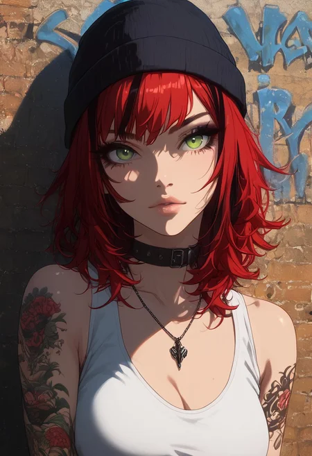 score_9,score_8_up,score_7_up,score_6_up,score_5_up,score_4_up, digital art, female portrait, GLSHS, high-resolution, 1girl, 21 years old, solo,
detailed, sexy pose,
partially covered in shadow, wall, graffiti on wall, standing in front of wall, leaning, night, red hair. streaked hair, black streaks, close-up, waist up, hands on waist, wearing a tank top, cargo pants, beanie pendant, pretty girl with medium hair, tattoos, green eyes, makeup, looking at viewer, face focus,