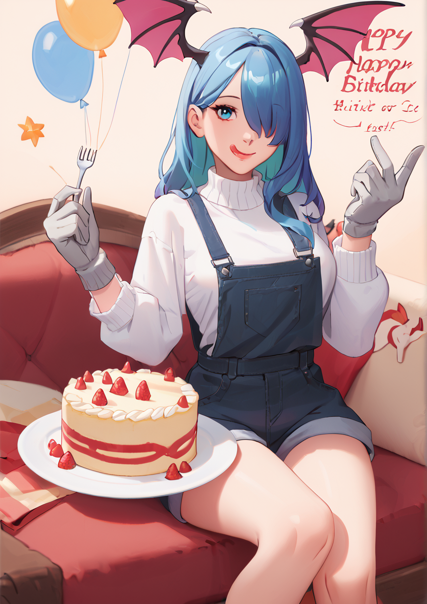 1girl, elira pendora, elira pendora (1st costume), pikl (elira pendora), huge breast, animal on shoulder, balloon, blue eyes, blue hair, cake, candle, character name, dated, dragon, fire, food, fork, gift, gloves, grey gloves, grey overalls, hair behind ear, hair over one eye, happy birthday, head wings, holding, holding fork, holding plate, licking lips, long hair, looking at viewer, low wings, off shoulder, one eye covered, overall shorts, overalls, plate, single glove, sitting, smile, solo, spiked bat, sweater, tongue, tongue out, white sweater, wings,zPDXL3,  handfixer <lora:HandFixer_pdxl_Incrs_v1:1><lora:dNaitari:0.9>