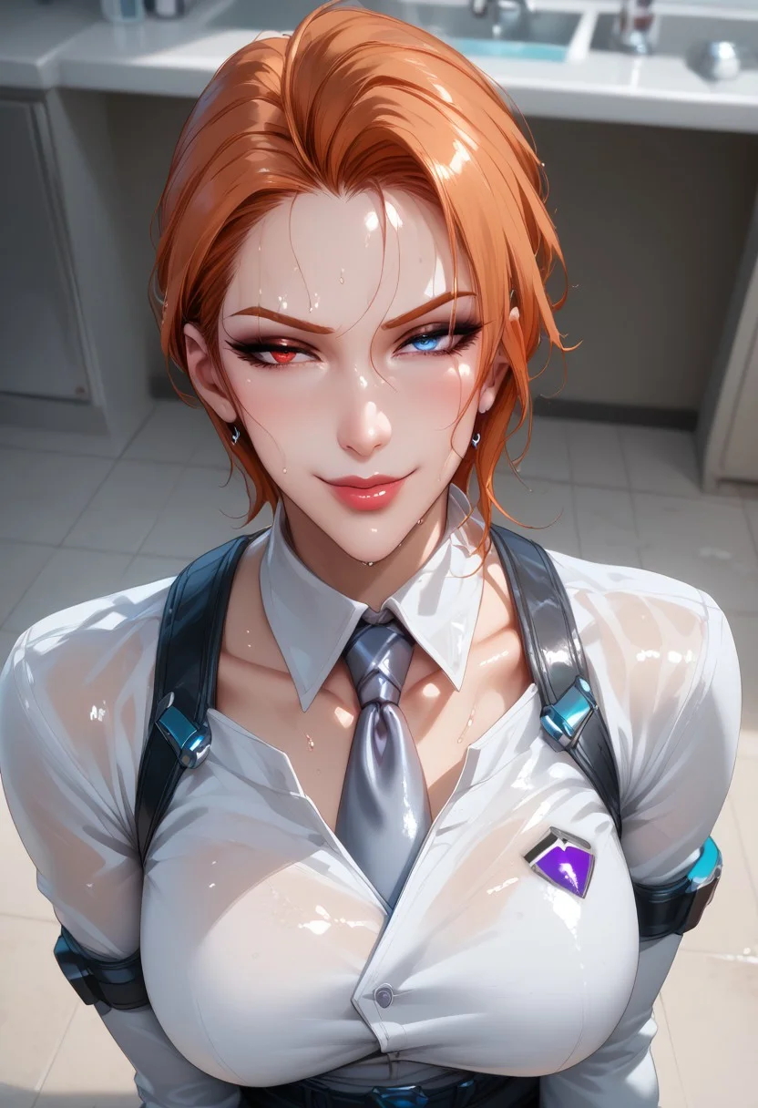MAIDOLL,
score_9, score_8_up, score_8, anime style, source_anime,
BREAK,
1girl ,solo, beautiful mature female, gilf, voluptuous, curvy, looking at viewer, masterpiece, high detailed skin, mature female, motherly, character focus, depth of field,, curvy, EyesHD,
moiraxl,heterochromia,short hair,orange hair,red eye,blue eye,smug, white lab shirt, white lab coat,,tie,right demon arm, waving hand,,looking at viewer,harness,belt, eyeliner, smokey eyeshadow,
,seductive smile, sultry, ,blush, embarrassed, from above,
,hips, waist,
,indoors, sweaty, wet hair,
,makeup, eyeshadow,
(pinup pose, dynamic pose, upper body, seductive pose, dynamic angle, dutch angle, waist, leaning forward, sitting, dynamic action photos,)
,cinematic, masterpiece, best quality, ultra-detailed, very aesthetic, high res,
, pureerosface_v1, Expressiveh, intricate_details_xl,
