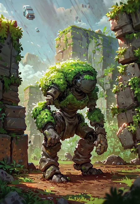 score_9,score_8_up,score_7_up, AUTOMATON,
giant rock golem with plants growing on shoulders, rough rocks, rough stone, unpolished, dirty, ancient, STANDING,