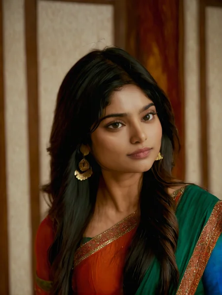 divyasynthxl woman, <lora:divyasynthxl-v1:1>, face focus, closeup, standing, smiling, closed mouth, mouth closed, in the bedroom, wearing traditional indian outfit