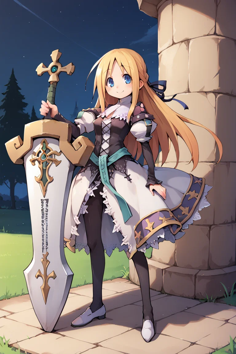 score_9, score_8_up, score_7_up, score_6_up, source_anime, BREAK, <lora:Yggdra:0.85> , yggdef, 1girl, blonde hair, long hair, blue eyes, hair ribbon, ascot, juliet sleeves, black sleeves, dress, cross-laced clothes, cross-laced dress, lace-trimmed dress, lace trim, corset, black pantyhose, white shoes, full body, solo, standing, holding sword, (huge weapon), happy, smile, looking at viewer, (exterior), castle, night, fortress, <lora:backgroundsetXL:0.3> , background, <lora:senbei_avocadochaya_XL:0.6>, (sword behind back),