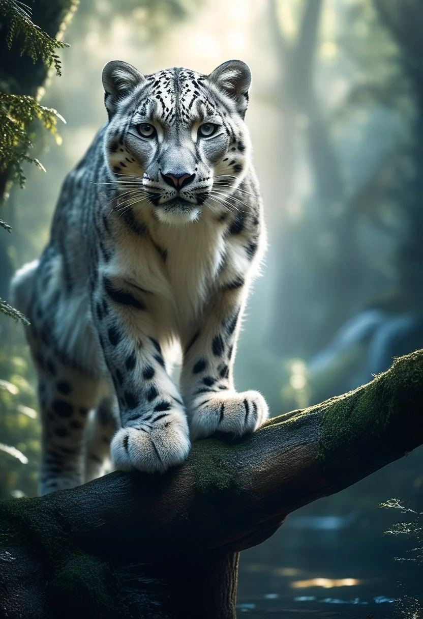 highly detailed, fantasy-inspired image of a hybrid snow leopard with polar owl head. Hybrid snow leopard with polar owl head with intricate details, standing on a bridge in a dense, mystical forest. The forest should have towering trees, dappled sunlight, and a lush, green undergrowth. Use dramatic lighting and atmospheric effects to create a sense of mystery and wonder. Focus on the intricate details of the creature's appearance and the natural beauty of the forest setting, cinematic, bokeh, depth of field