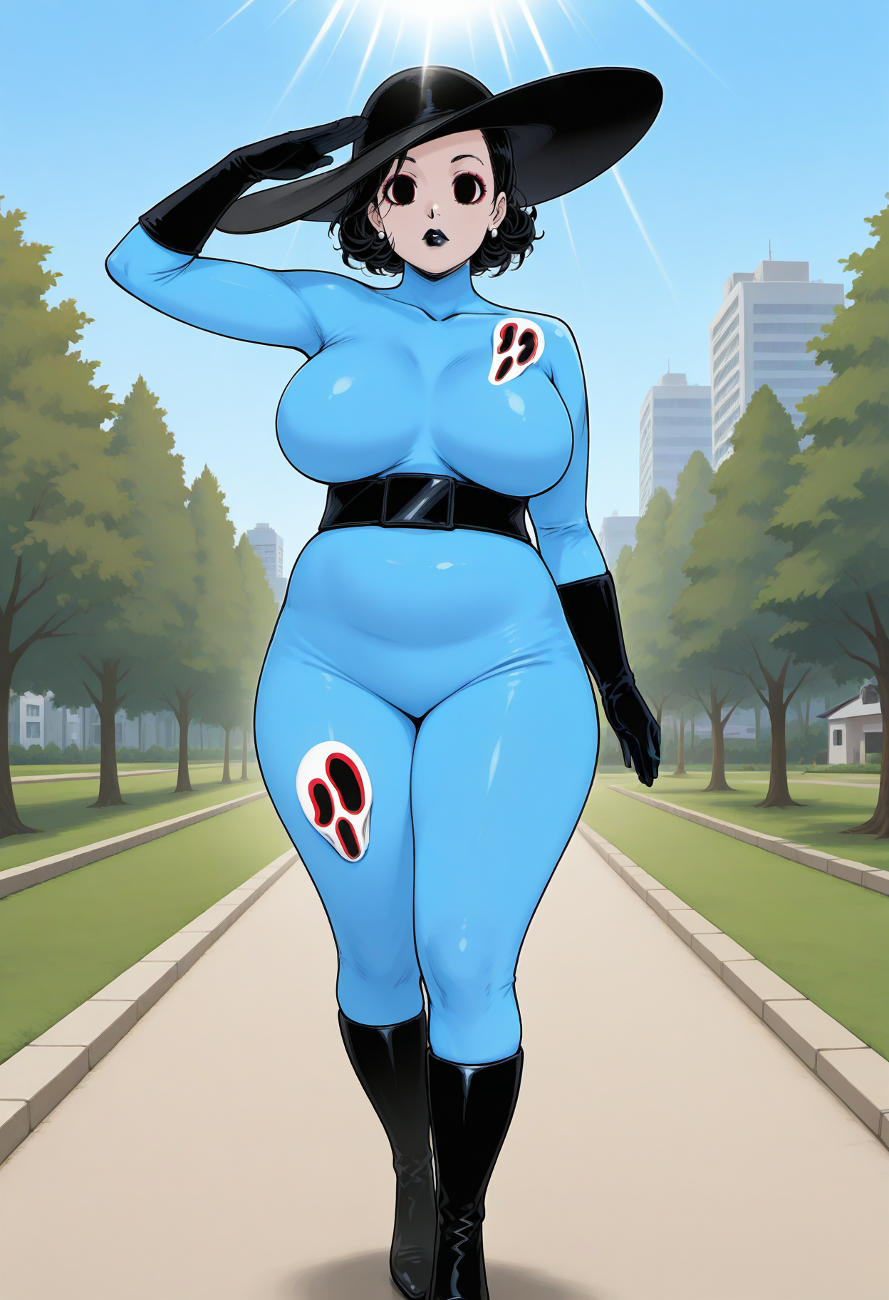 masterpiece, best quality, good quality, <lora:DorodoroIL:1>, Dorodoro, 1girl, no mask, alcina dimitrescu, expressionless, black lips, makeup, plump, large breasts, empty eyes, mature female, hat,
blue bodysuit, black gloves, black belt, black boots, skindentation, 
salute, 
BREAK nature, park, building, blue sky, sunlight, light rays,