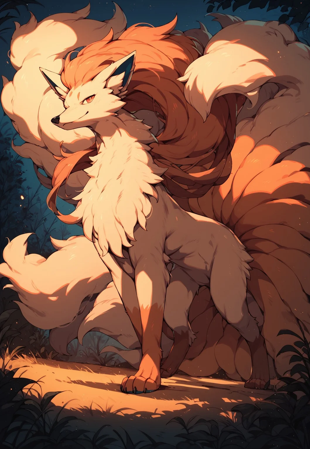 safe_pos, score_9, score_8_up, score_7_up, score_6_up, feral, Ninetales, pokemon, fox, nine tails, pokemons creature (score_9, score_8_up:1.1), score_7_up,
detailed orange fur, natural fur,, seductive eyes, night, dynamic pose, shadows, Standing, dark light, night,