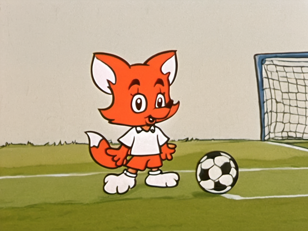 A red fox looking happy, wearing a soccer jersey, soccer field background, Rune Andreasson style <lora:Rune_Andreasson_Style_V2:1>