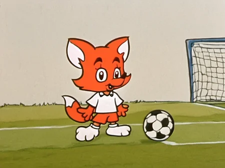 A red fox looking happy, wearing a soccer jersey, soccer field background, Rune Andreasson style <lora:Rune_Andreasson_Style_V2:1>