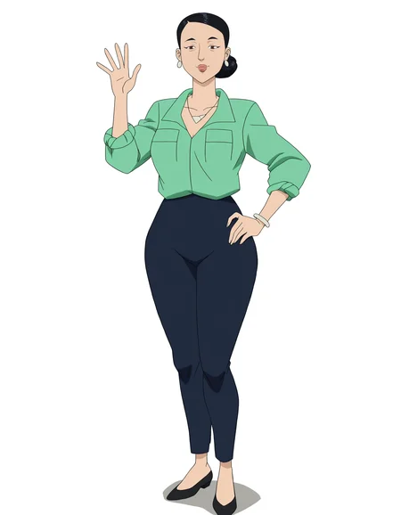 solo, full body, perfect composition, shadows, shading, <lora:anime_screencap-Illustrious:0.65> anime screencap, anime coloring, very aesthetic, absurdres, zPDXL, <lora:Pony_DetailV2.0:0.5> <lora:illustrious_quality_modifiers_masterpieces_v1:1>
<lora:Debbie:1> debbie, 1girl, mature female, single hair bun, low bun, jewelry, earrings, necklace, female focus, looking at viewer, smile, defined lips, closed mouth, waving, hand on hip,
casual_attire, green shirt, collared shirt, sleeves rolled up, high-waist pants, blue pants, shoes,
(white background:1.2)