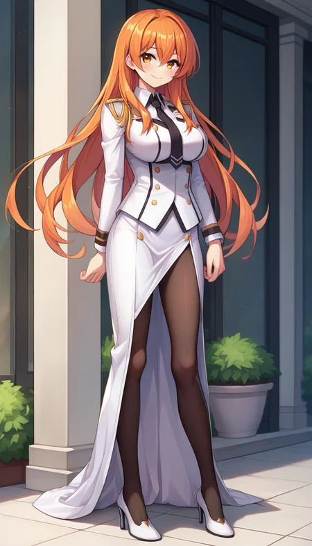 score_9,score_8_up,masterpiece,best quality,correct anatomy,anime_source,1girl,solo,perfect eyes,perfect arms,perfect legs,perfect face,outdoors,upper body,(portrait:1.5),looking at viewer,facing viewer,smile,blush,Mariel Esthereed,long hair,orange hair,sidelocks,hair between eyes,bangs,orange eyes,uniform,black necktie,white jacket,white shirt,long sleeves,large breasts,long skirt,white skirt,side slit,black pantyhose,high heels,white footwear,<lora:Milfina Sol Eleanord(uq)-Pony:1.2>,