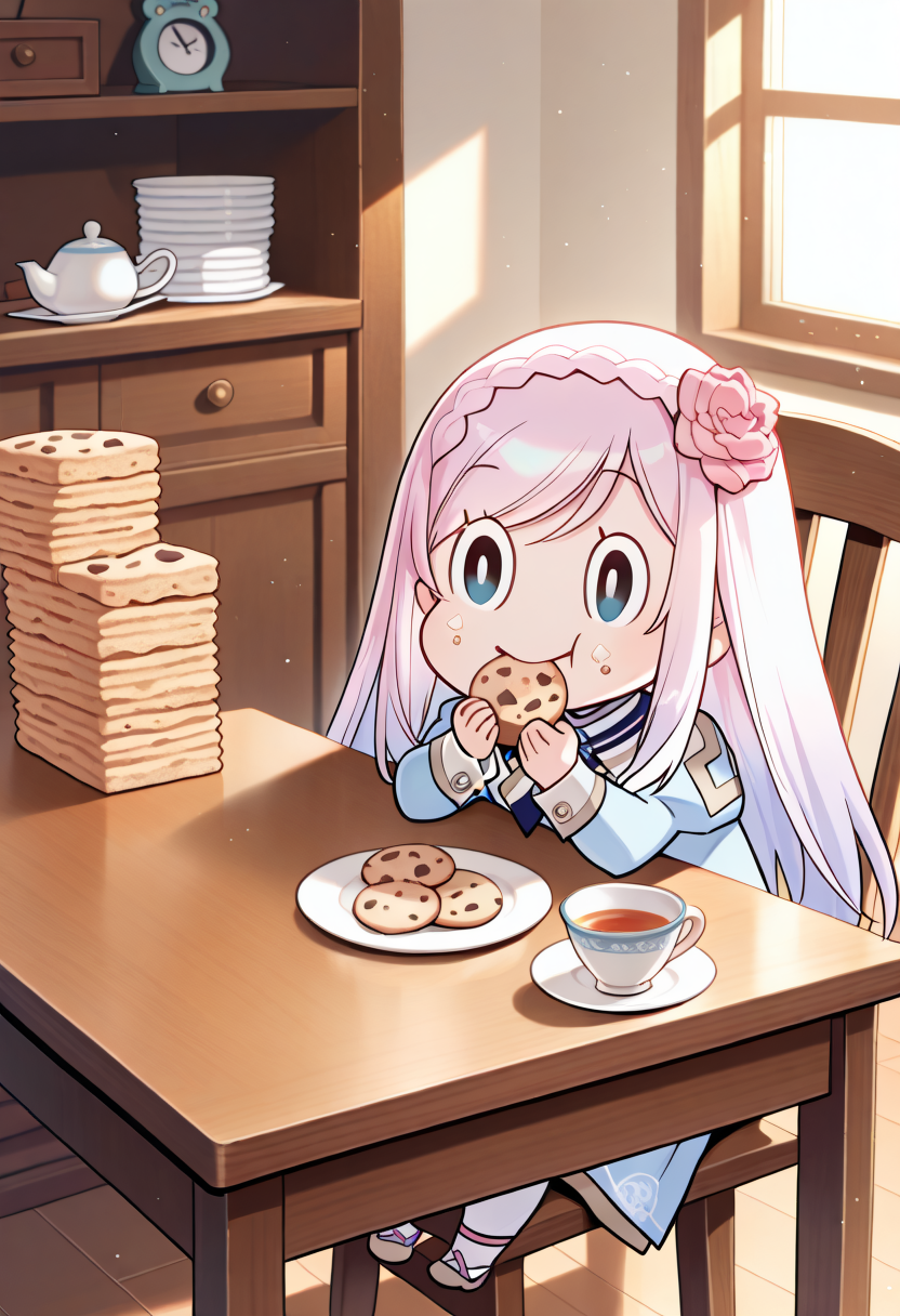 masterpiece, best quality,
SSJelly, solo, chibi,o_o,happy,pink hair ornament,black pupils,wooden chair, sitting on chair, (eating cookies:1.3), (desk full of cookies:1.2),(indoor light:0.9), (cookie crumbs on face:1.1), (plate stacks:1.0), (wooden desk:0.9), (sunlight through window:0.8), (tea cup nearby:0.9), (stacked cookie jars:0.8)