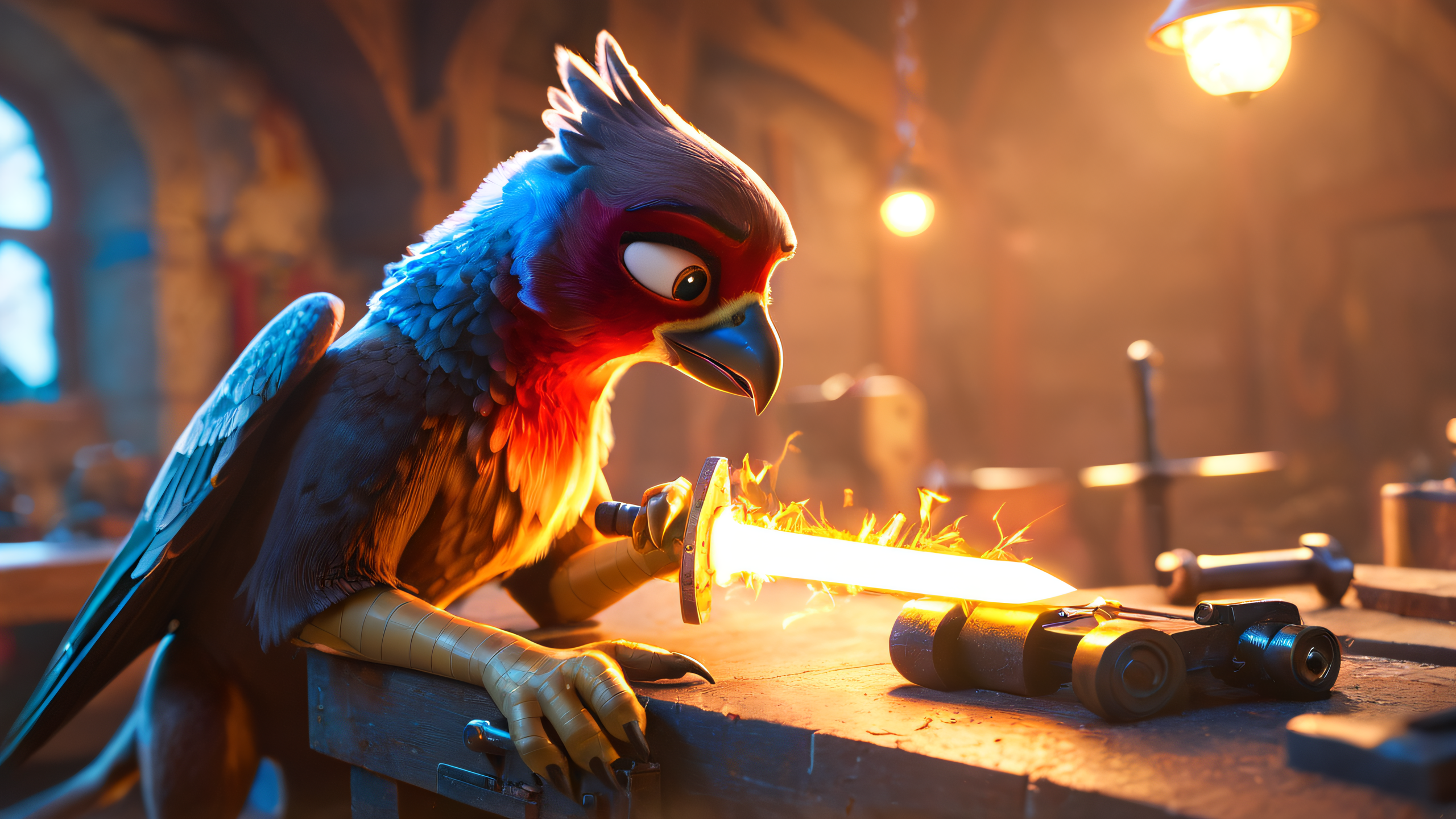 score_9, score_8_up, score_7_up BREAK zy_animation, CGI scene , solo, griffon, blacksmith, crafting, sword, smoky forge, glowing metal, hammering, concentrated expression, embers, warm lighting, rustic environment, sparks, detailed feathers, workshop setting , <lora:zy_Animation_Shot_PonyRealism_v1:0.85>