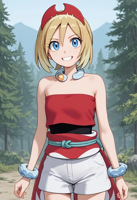 score_4,score_5,score_6,score_7_up,score_8_up,score_9
((masterpiece,best quality,ultra detailed,highres,HD,4k:1.2)),
1girl, solo, girl forcus,solo forcus,
jyuukyuu, flat color, deformed, deformed characters, round face,
pokemonirida, blonde hair, blue eyes, hair between eyes, medium hair,
bracelet, hairband, jewelry, neck ring, red headwear, red shirt, sash, shirt, shorts, strapless, strapless shirt, waist cape, white shorts,
smile,happy smile,Smiling with teeth showing,
