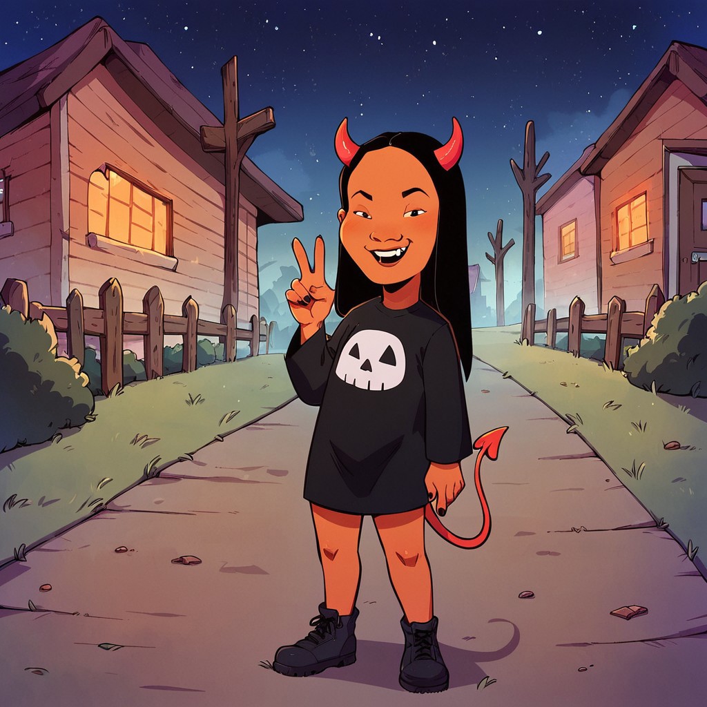 score_9, score_8up, score_7up, score_6up, solo, 1girl, Connie S KOTH, dark skin, black eyes, long hair, black hair, cowboy shot,
smug grin, big mouth, half-closed eyes, flat chest, short stack, standing, candy on the ground, full body, devil costume, devil horns, devil tail, peace sign,
outdoors, graveyard, tombstones, dead trees, starry night sky, fog, Halloween, leaning back, looking at viewer,