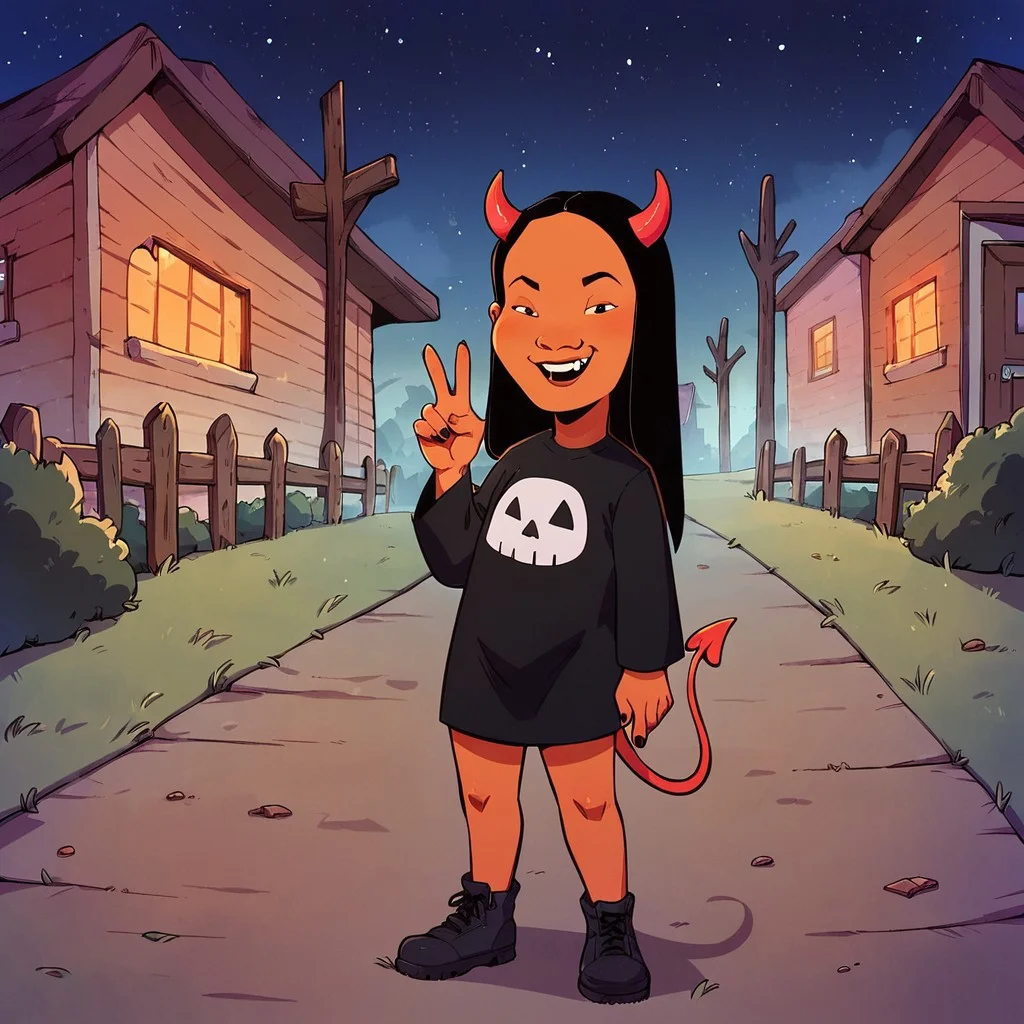 score_9, score_8up, score_7up, score_6up, solo, 1girl, Connie S KOTH, dark skin, black eyes, long hair, black hair, cowboy shot,
smug grin, big mouth, half-closed eyes, flat chest, short stack, standing, candy on the ground, full body, devil costume, devil horns, devil tail, peace sign,
outdoors, graveyard, tombstones, dead trees, starry night sky, fog, Halloween, leaning back, looking at viewer,