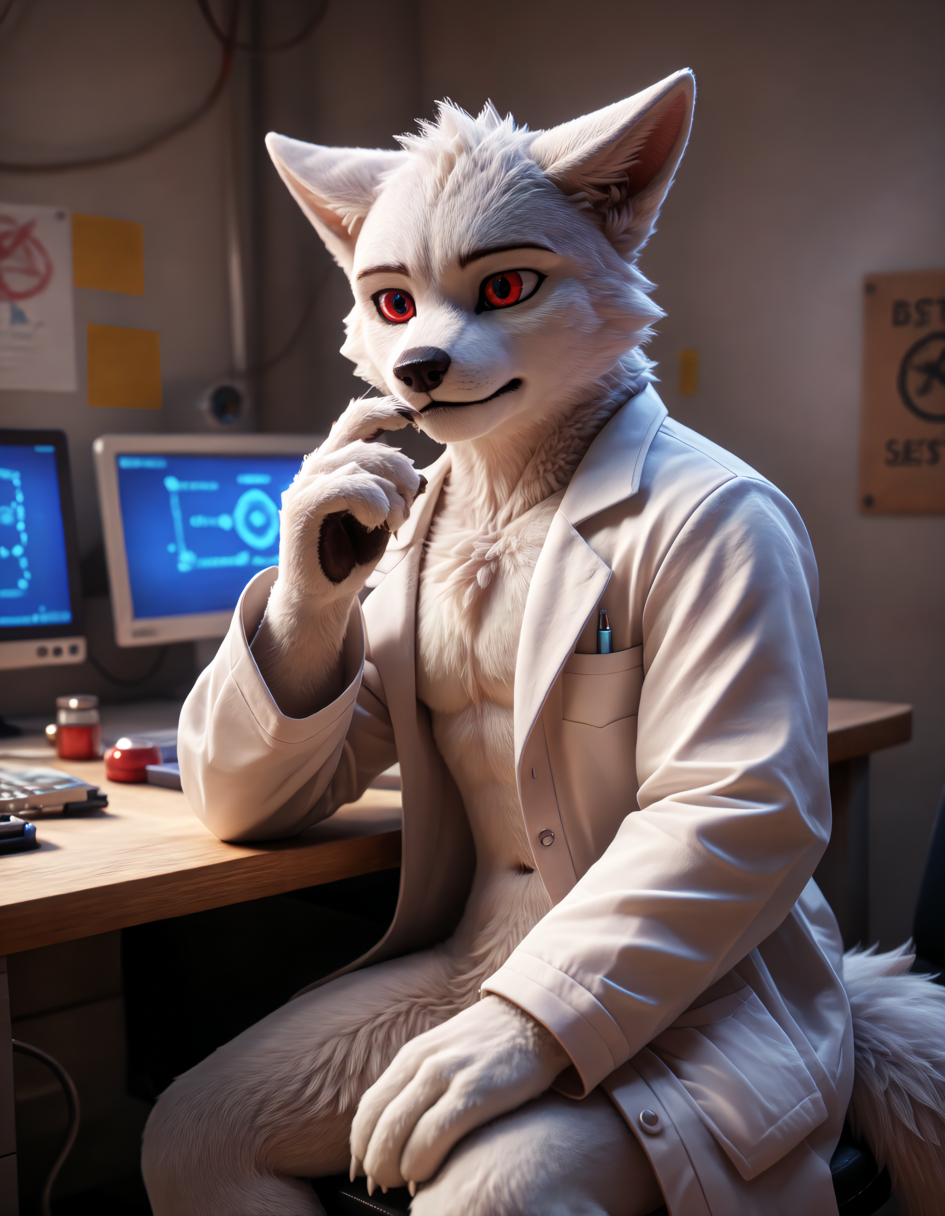 score_9, score_8_up, score_7_up, rating_safe, source_furry, detailed, shadows, ray tracing, cinematic lighting, particles, graffiti, decals, masterpiece, best quality, ultra realistic, 4k, 2k, film photography, RAW photo, photorealistic, analog style, subsurface scattering, photorealism, (best quality, high quality, 8K:1.5),<lora:add-detail-xl:3.0>, <lora:2.5DRealisticV2.safetensors:0.25>, <lora:sinfully_stylish_SDXL.safetensors:1.0>, <lora:AdvancedEnhancerXLv2.safetensors:1.0>, dutch angle, detailed eyes, (detailed background:1.2), (horny, seductive:1.1), <lora:Dr._K_Changed:0.90>, dr_k_changed,  solo, anthro, 1boy, furry male, red eyes, changed (video game), male focus, lab coat, furry, white claws, clothing, coat, white body, jitome, fur, animal ears, white fur, male, long sleeves, doctor, body fur, wolf ears, wolf boy, splayed ears, convenient censoring dutch angle, close-up, sitting looking outside bend over, bored, laboratory, bunker, blue glow, low lighting, test tubes, alarm signal, flipchart, computer