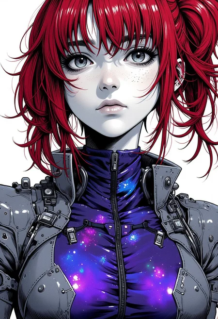 nistyle, monochromatic very detailed high quality manga sketch of an extreme Face Closeup. Shoulder armor, Billowing Aura, Messy Red ponytail, high Angle View, looking Up, Cleavage, shaded face, Bangs, translucent ghostly woman, Vanishing into the Background, Freckles, detailed drawn face, arched eye-brows, eye-trails, skintight technical bodysuit with intricate mechanical components and vibrant blueish-grey purple Galaxy Print, hyperdetailed, Cleavage focus