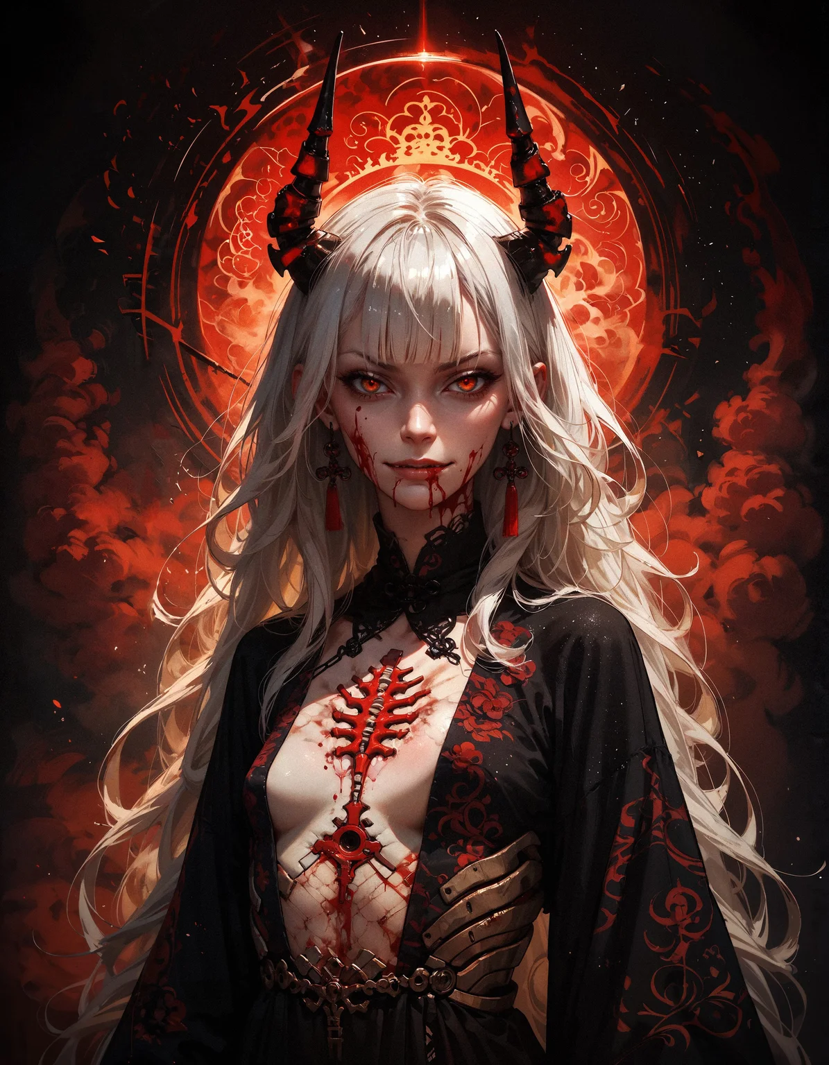 score_9, score_8_up, score_7_up, score_6_up, score_5_up, score_4_up,  (kanji, chinese characters:1.2), demon, cyberdemon, black horns, black scales, fiery glow, embedding:zPDXL, 1girl, (evil smirk:1.2), solo, small breasts, very long hair, bangs, simple background, white hair, red eyes, black cloth, bloody eyes, closed mouth, weapon, black, evil, horror, (blood:1.1), blunt bangs, medium hair, floating hair, black background, science fiction, android, cable, mechanical, cyborg, robot joints, mechanical parts, tube, spine