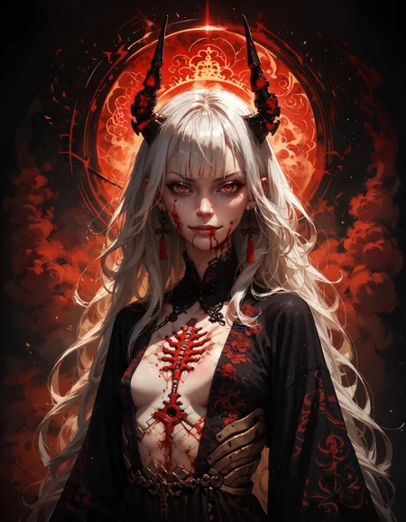 score_9, score_8_up, score_7_up, score_6_up, score_5_up, score_4_up, (kanji, chinese characters:1.2), demon, cyberdemon, black horns, black scales, fiery glow, embedding:zPDXL, 1girl, (evil smirk:1.2), solo, small breasts, very long hair, bangs, simple background, white hair, red eyes, black cloth, bloody eyes, closed mouth, weapon, black, evil, horror, (blood:1.1), blunt bangs, medium hair, floating hair, black background, science fiction, android, cable, mechanical, cyborg, robot joints, mechanical parts, tube, spine
