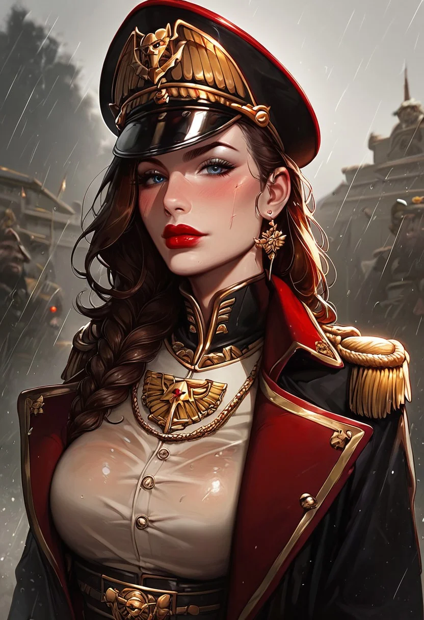 masterpiece,best quality, highly detailed, score_9, score_8_up, score_7_up, score_6_up, Expressiveh,1girl, 28 year old girl, long brunette hair, hair in a loose braid, red lipstick, commissar, commissar uniform, long coat, commissar hat, battle scars, hourglass body, blushing, proud expression, bubble butt, large breasts, standing, holding an elegant sword, looking at viewer, location: trench, muddy trench, World War One trench, rain, battlefield, grimdark