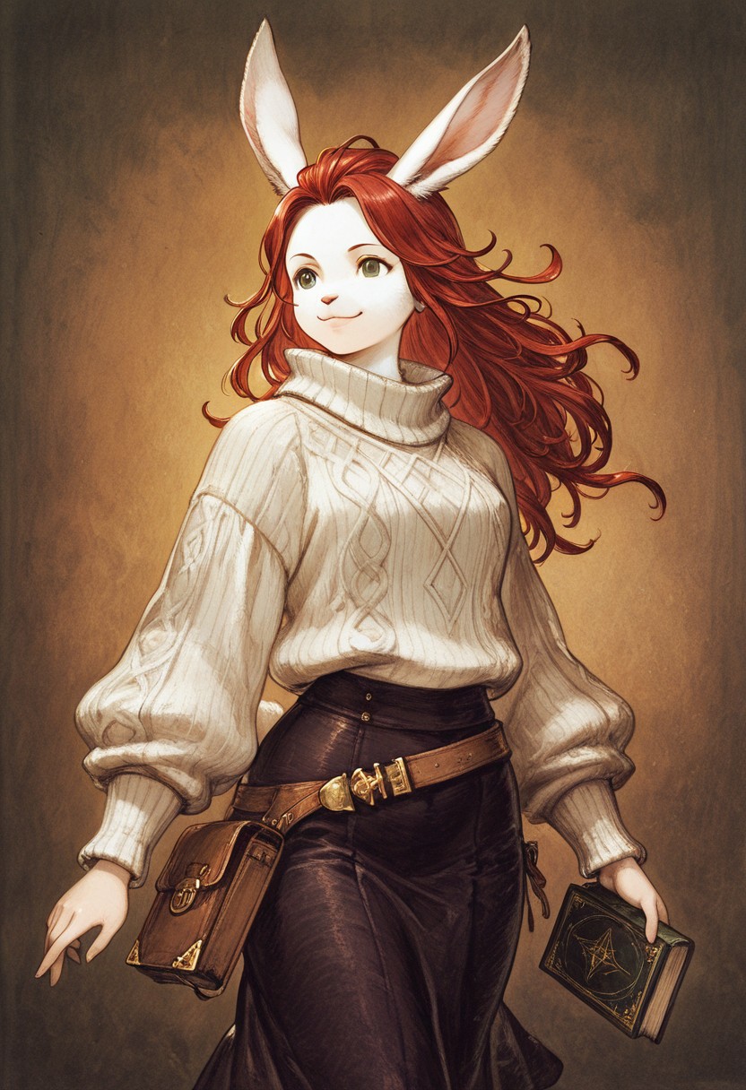 masterpiece,best quality,amazing quality, very aesthetic,
human rabbit,furry,red hair,white rabbit ear,solo,add detailed eyes,green eyes,dressed, black roll-up sweater,happy,long hair,
color ink, graphite , gouache , triangle strategy, octopath traveler, square enix, book art, 1990s \(style\), oil painting, elegant fantasy, soft colors,