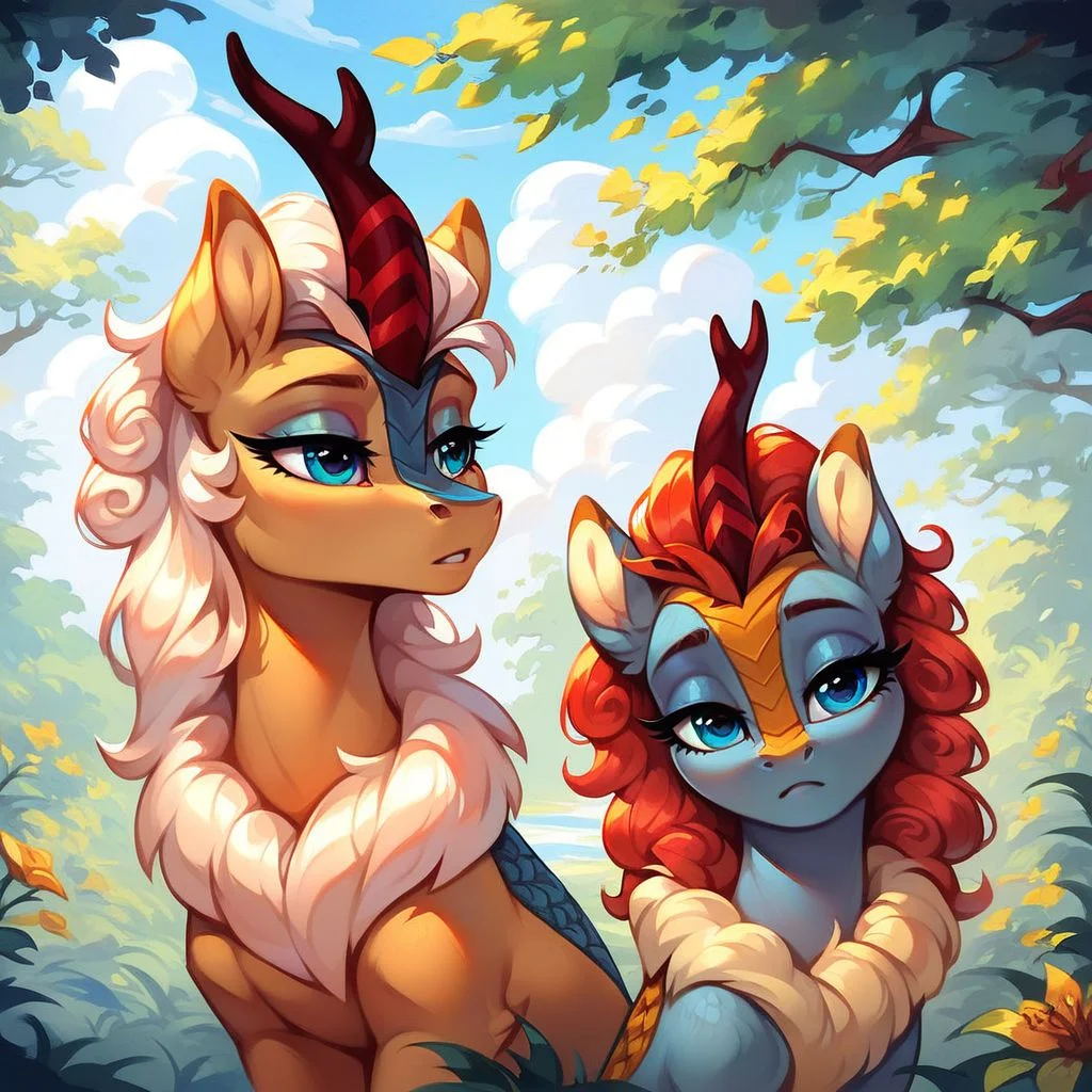 masterpiece, score_9, score_8_up, score_7_up, score_6_up, (best quality:1.1), ultra-detailed, high resolution, 1character, Unnamed Kirin, kirin, g4, female, mare, half closed eyes, eyeshadow, sulky, outdoors, detailed fotest background, tail, high quality, sharp, the quality of ai art is frightening, watercolor, highly detailed, (beautiful detailed eyes), Long eyelashes, Highly Visible, (((8k))), sharp focus, perfect lighting, beautiful eyes, long eyelashes, anatomically correct, extremely detailed, shine on body, high detail, bored facial expression, Expressiveh, detailed background, OverallDetail, zPDXL2