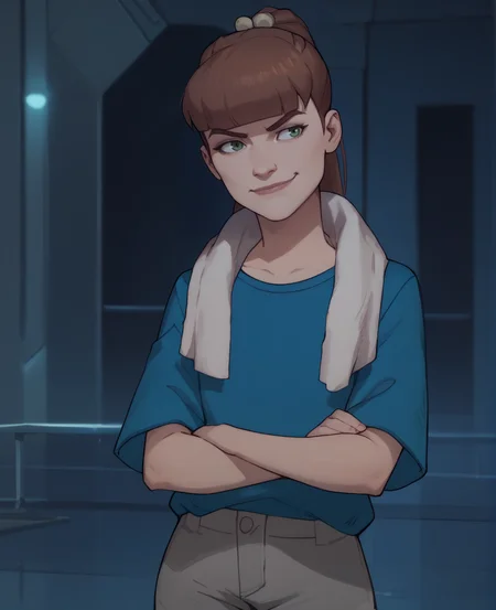 score_9,score_8_up,score_7_up,score_6_up,
amandaxl,ponytail,brown hair,bangs,hair bobbles,green eyes,
blue shirt,grey shorts,towel around neck,
standing,upper body,smirk,
base,science fiction,<lora:MonsterGirlA:0.9>,