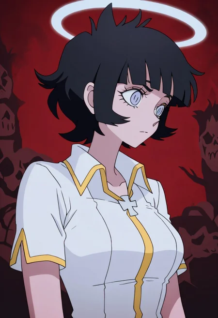 masterpiece, best quality, newest, absurdres, highres, vintage anime, 90s anime, DevManV1.0-IL, 1girl, azazel_(helltaker), short hair, black hair, halo, white shirt,