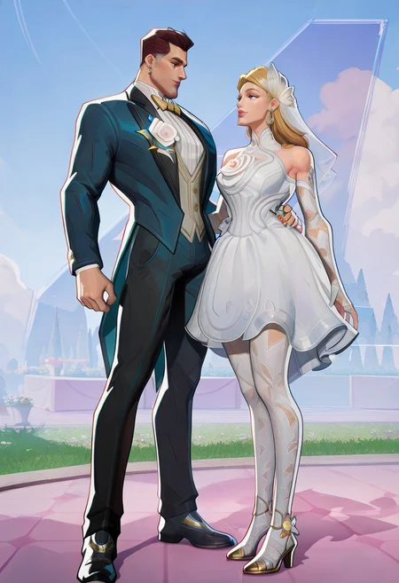 masterpiece, best quality, newest, absurdres, highres, MarvelRivals, semi realistic, cartoon, duo, duo focus, husband and wife, couple, looking at another, 1boy, ReedRichards-Lifefantasticskin-V1.0, suit, formal clothes, bowtie, brown hair, brown eyes, flower, shrt hair, pants, yellow bowtie, 1girl, SueStorm-Lifefantasticskin-V1.0,
wedding dress, wedding veil, veil, white dress, short dress, blonde, bare shoulders, blue eyes, flower, jewelry, long hair, earrings, long hair, high heels,