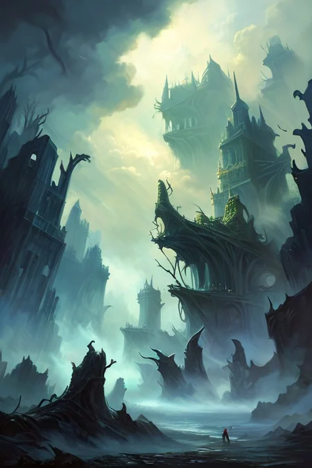 hyperrealism oil painting, ghost of the castle,
thunderstorm, and many small clouds, and slightly cloudy, fantasy forest,
an expansive ancient forest, featuring towering oaks, diverse wildlife, a variety of flora,FanRu,guiguai,
{dawn|dusk|night},