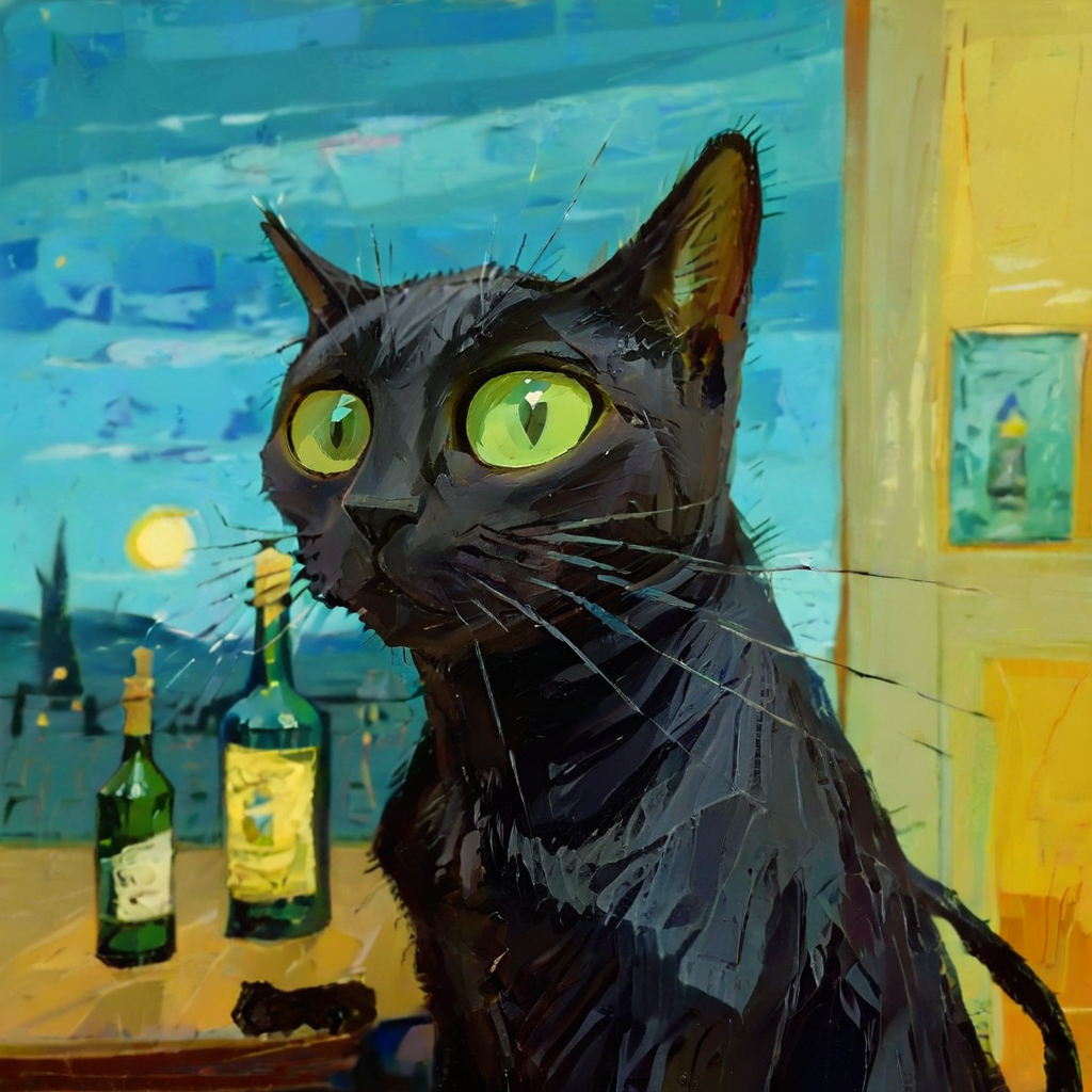 black cat with a absinth bottle, (Vincent van Gogh on the background:1.5), caricature, albeniz rodriguez style <lora:albeniz-rodriguez-style:0.9>