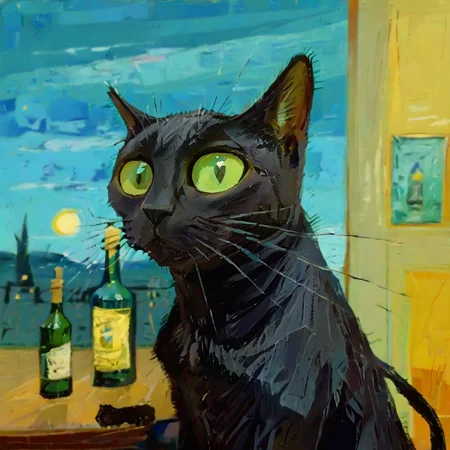 black cat with a absinth bottle, (Vincent van Gogh on the background:1.5), caricature, albeniz rodriguez style <lora:albeniz-rodriguez-style:0.9>