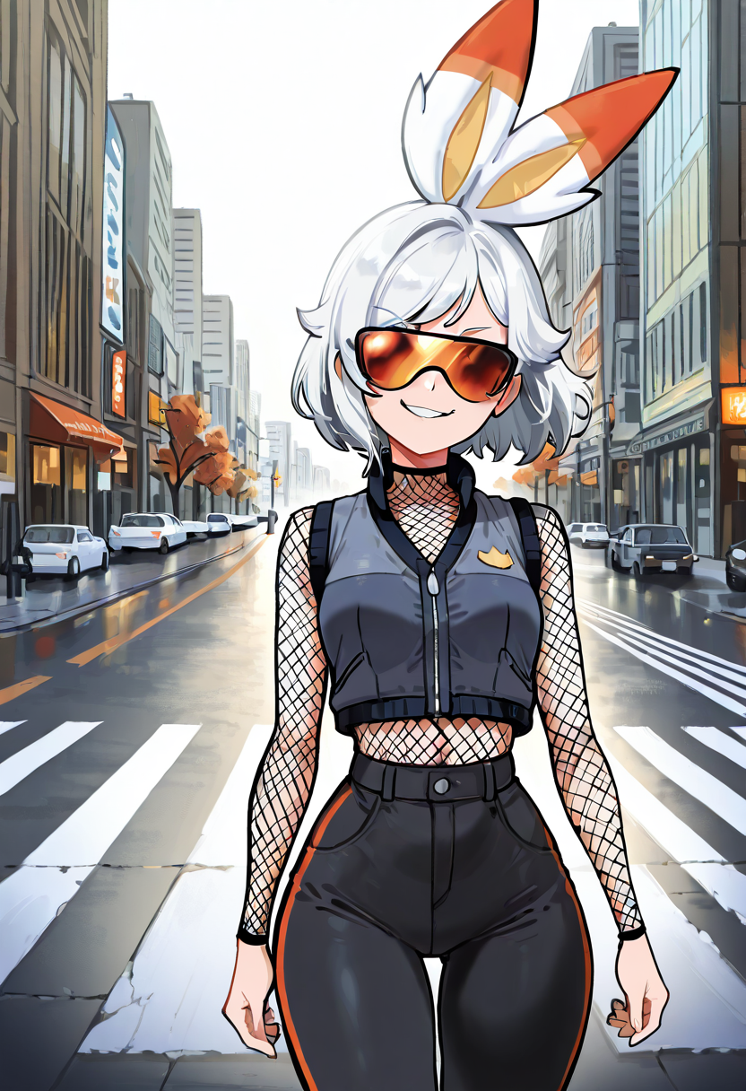 masterpiece, best quality, 1girl, solo,   [Flare Fit Drop], zzScorbunny, short white hair, wind-swept bangs, 1girl, solo, cropped puffer vest, long sleeve mesh top, joggers with reflective stripes, orange-tinted shades, city crosswalk, late afternoon haze â zzScorbunny struts through a busy crosswalk, her cropped vest catching the sun as orange-tinted shades hide her smirk. Mesh sleeves ripple with every step, and joggers flash silver reflections as horns blare and pedestrians hustle. Sheâs not rushing â sheâs burning her own trail.  ,<lora:ScorbunnyPokedex_IXL:1.0>,