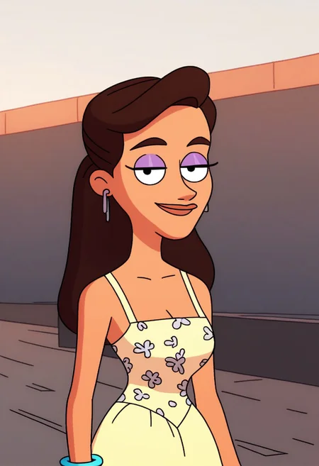standing cleavage, looking at viewer, smile, upper body, outdoors, score_9, score_8_up, score_7_up, score_6_up, high quality, Shannon_ad, 1girl, solo, brown hair, makeup, purple eyelashes, yellow dress, sleeveless dress, bracelet, white high heels