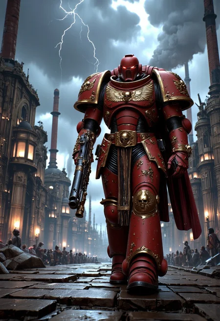 (score_9, score_8_up), score_7_up, <lora:PonyAlphaL40k:1> AlphaL40k, wearing power armor, holding a rifles, helmet, cape on his back, A hulking Armor Warrior, inspired by the might of a Space Marine, strides through a smog-choked industrial dystopia. Clad in a fusion of ornate Victorian armor and an industrial-powered exoskeleton, the warrior exudes a blend of old-world grandeur and brutal efficiency. Behind, an industrial city looms—towering smokestacks and crumbling Victorian structures stretch into the stormy sky. Massive iron machines belch smoke as lightning dances among the clouds. The Armor Warrior stands as a sentinel of this dystopian world, embodying the brutal union of flesh, machine, and divine power in a time when technology and the gods are inseparable.